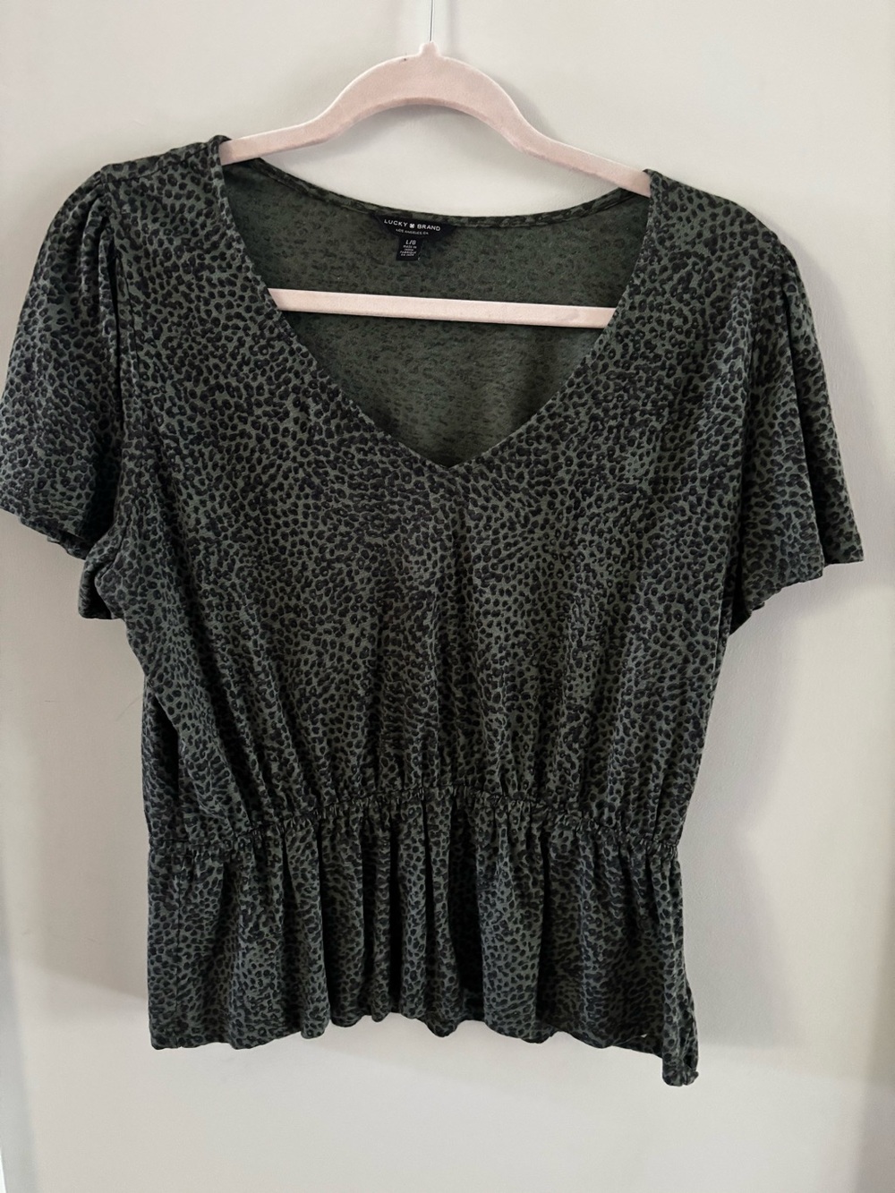 Lucky Brand Olive Green Animal Print V-Neck Peplum Tee